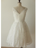 V Neck Ivory Lace Tea Length Vintage Wedding Dress